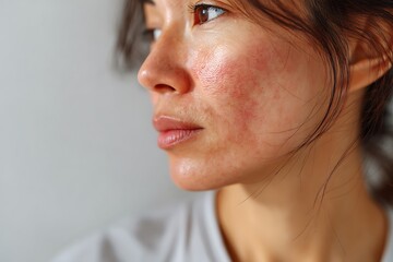A macro shot of a person's face with a butterfly rash, symbolizing the symptoms of lupus and other autoimmune or dermatological skin diseases.