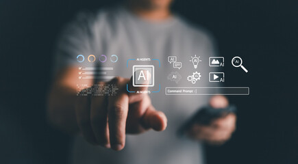 User interacting with AI agents on virtual interface, symbolizing artificial intelligence, machine learning, chatbot automation, digital assistant, innovation, and smart technology solutions