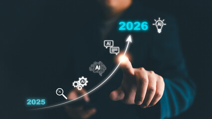 Businessman pointing at AI growth trend from 2025 to 2026, symbolizing artificial intelligence innovation, technology progress, digital transformation, future business strategy, data-driven solutions