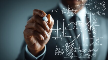 African male adult writing mathematical equations on transparent glass surface