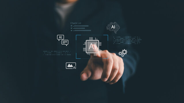 Businessman touching AI icon on virtual screen, symbolizing artificial intelligence, machine learning, digital technology, automation, innovation, and future data-driven business solutions.