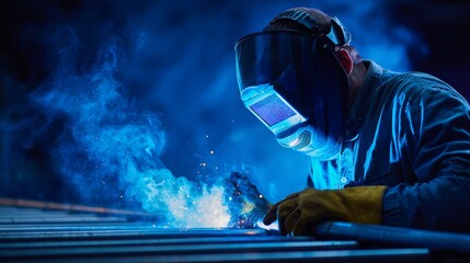 Caucasian male welder in protective gear working with bright blue sparks