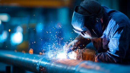 Male welder working on pipe with sparks in industrial setting