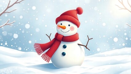 A joyful snowman wearing a red hat and scarf stands in a snowy landscape with a soft winter background.