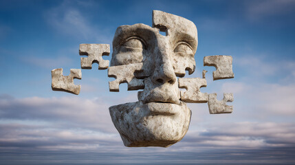 A surreal stone statue of a face split into puzzle pieces floating in the air.