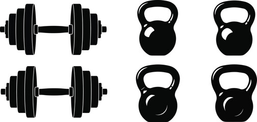 Gym equipment vector dumbbells and kettlebells fitness workout