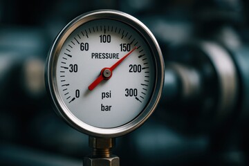 Close-up shot of a pressure gauge measuring pressure in psi and bar units for industrial