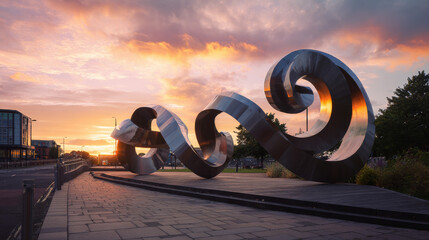 An abstract steel statue shaped like endless spirals, reflecting light at sunset.