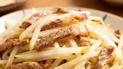 Gourmet Stir - Fried Pork with Radish Strips, Perfect for Chinese Food Lovers and Culinary Enthusiasts