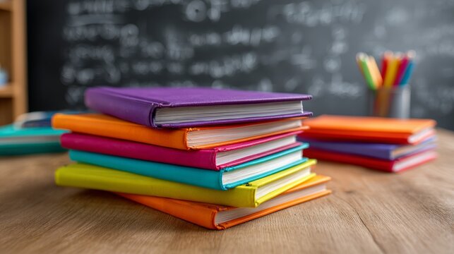 Colorful stack of books on wooden desk in classroom with chalkboard background