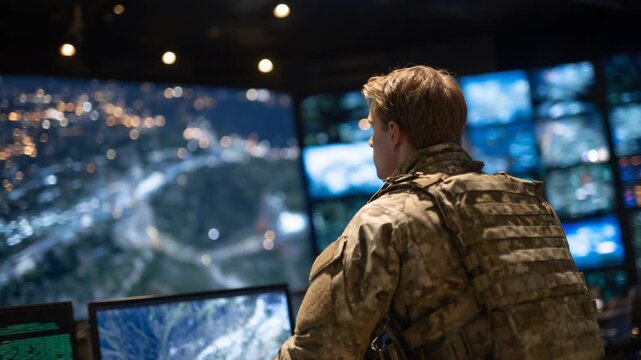 An American soldier oversees encrypted communications and UAV feeds on transparent screens in a cutting-edge military command center.