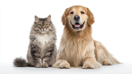 Fluffy gray cat and friendly golden retriever on white background