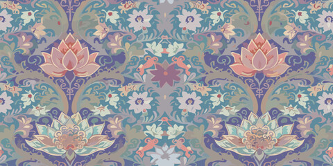 Detailed Botanical Pattern with Intricate Floral Motifs in Soft Pastel Colors