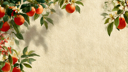 Red apples on branches with green leaves, hanging over a beige background.