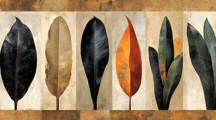 Seven stylized leaves arranged vertically on a beige background.