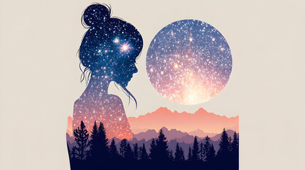Silhouette of a woman with a cosmos-filled profile against a nighttime landscape with a large moon.