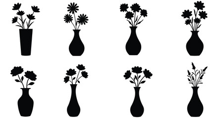 Black silhouette floral arrangements in varying vase shapes and sizes