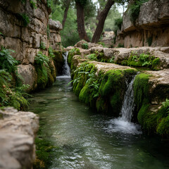 Small stream flowing through mossy rocks and trees in a natural setting.
