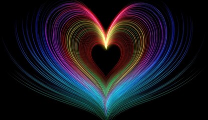 Vibrant Rainbow Heart Shape Formed by Glowing Light Trails.