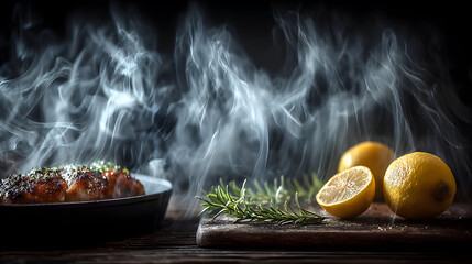 Smoked food and lemons on a wooden board.