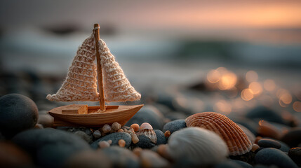 Small wooden sailboat model on a beach at sunset.