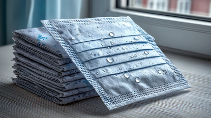 Stack of gray, damp, sealed pouches on a windowsill.