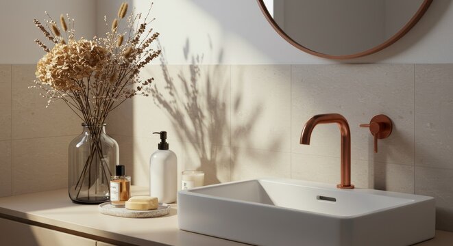 A bathroom vanity with dried flowers and a modern sink.