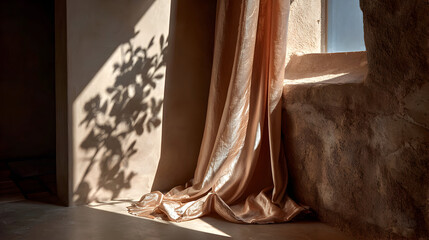 Sunlight streams through a window, illuminating a peach-colored curtain and casting a floral shadow on a textured wall.