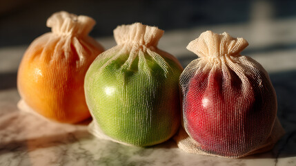 Three apples of different colors in small fabric bags on a surface.