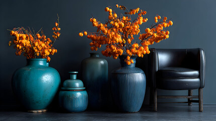 Three teal vases with orange dried flowers and a black chair against a dark background.