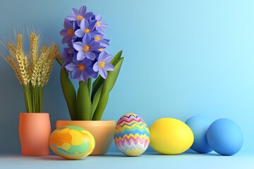 Decorated Eggs and Flowers Arranged on Light Blue Surface Scene