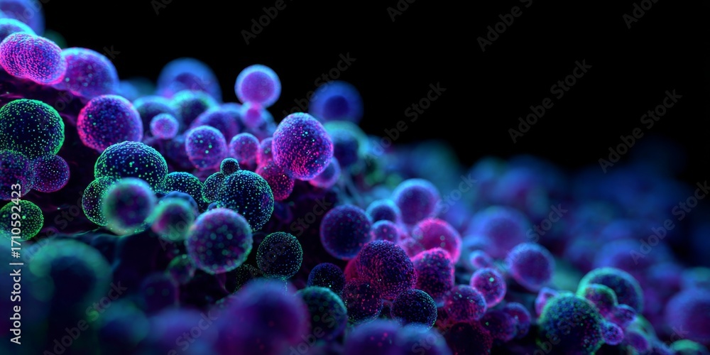 Poster close-up view of vibrant microbial cells with neon glow against dark background for scientific explo
