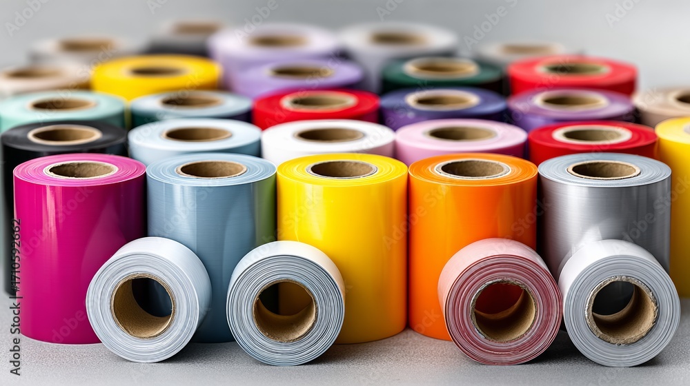 Aufkleber a bunch of colorful tape rolls are displayed in a row. the colors include red, yellow, green, blue, 