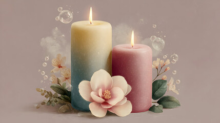 Two candles and a rose on a neutral background.