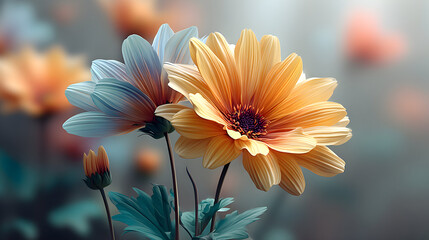 Two chrysanthemum flowers, one light blue and one orange-yellow, in soft focus with blurred background.