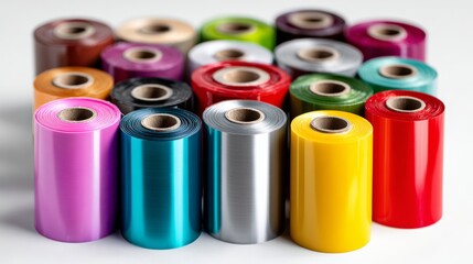A bunch of colorful plastic ribbons are displayed in a row. The ribbons come in a variety of colors, including red, yellow, green, and purple