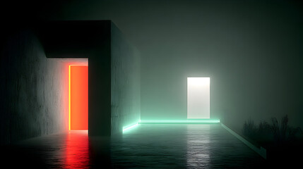 Two doors in a foggy room, one red, one white, illuminated with neon light.