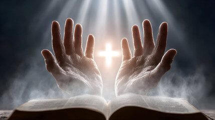 Two hands raised above an open book with a cross and light emanating between them.