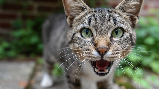 Close-up of a striped tabby cat with green eyes outdoors