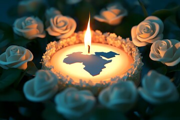 Burning Candle with Africa and Middle East Map Among White Roses