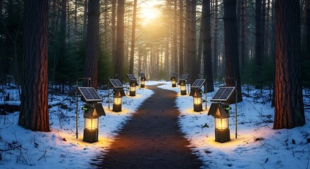 Path Illuminated by Solar Lanterns in Winter Forest