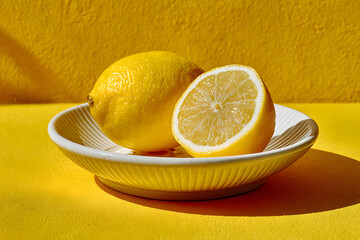Two lemons, one whole and one halved, in a shallow ceramic bowl on a yellow surface.