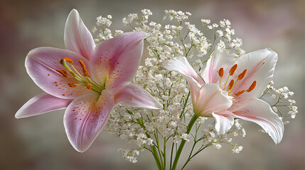 Two pink lilies and baby's breath flowers in a soft-focus photograph.