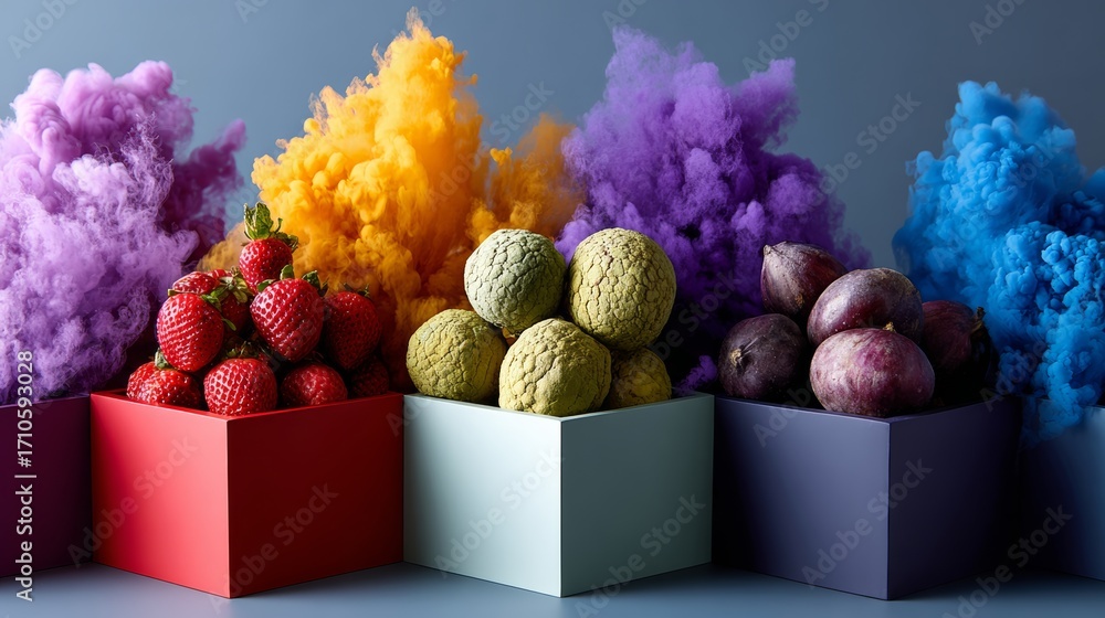 Poster a colorful display of fruits and vegetables in boxes. the boxes are arranged in a row, with each box