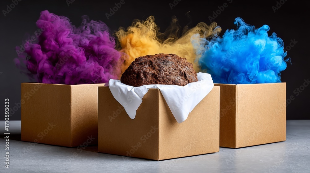 Poster a box with a brown object inside and a white cloth on top. the box is next to two other boxes