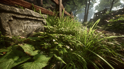 Various green plants and foliage near a stone wall on a foggy day.