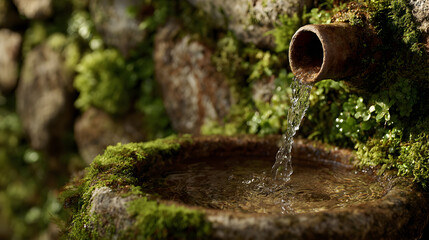 Water flowing from a bamboo pipe into a stone basin covered in moss.