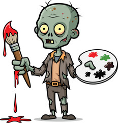 Zombie artist with paintbrush and palette, cartoon horror character, creepy Halloween painter, undead monster illustration, dripping red paint, vector art