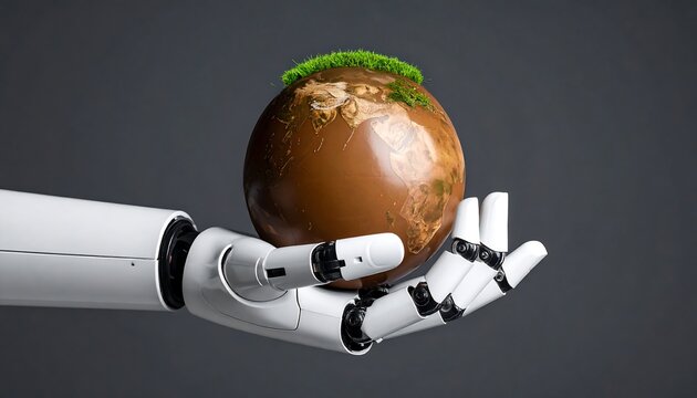 Robotic hand holding a stylized earth