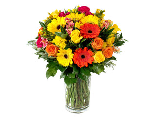 Vibrant summer bouquet of gerbera roses and lilies, Isolated On White, Png Transparent